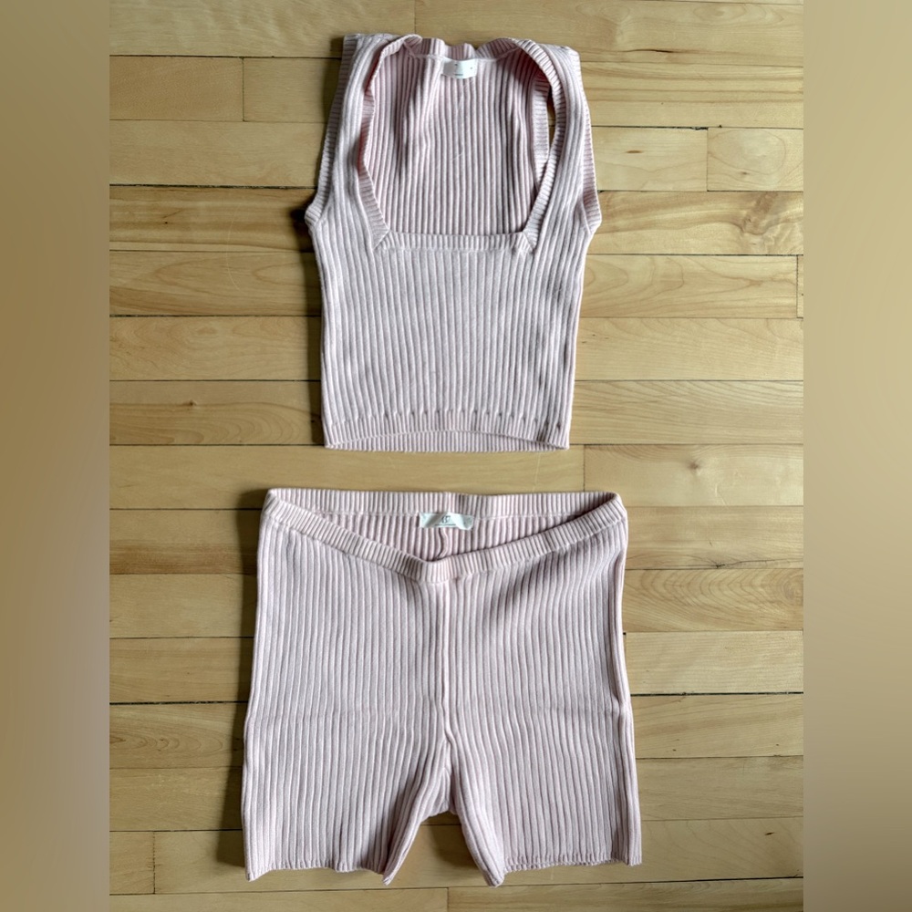 Pink Ribbed Knit Tank and Shorts Set